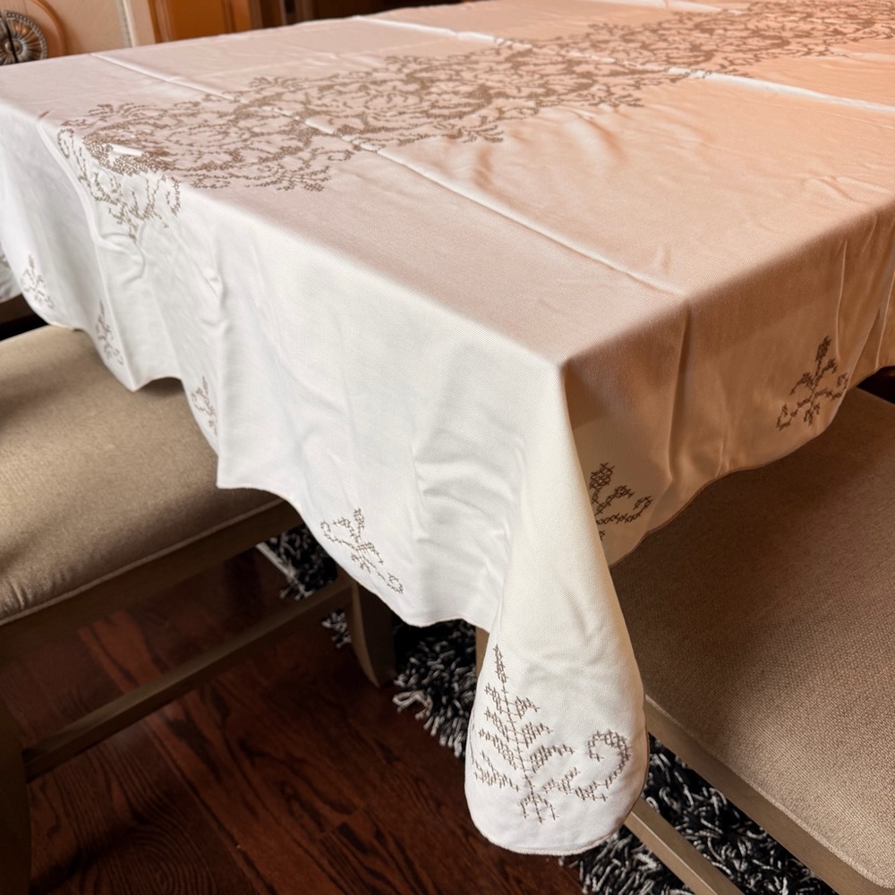 Ivory Cotton Large Rectangular Tablecloth Hand Cross Stitched Design Wavy Edge